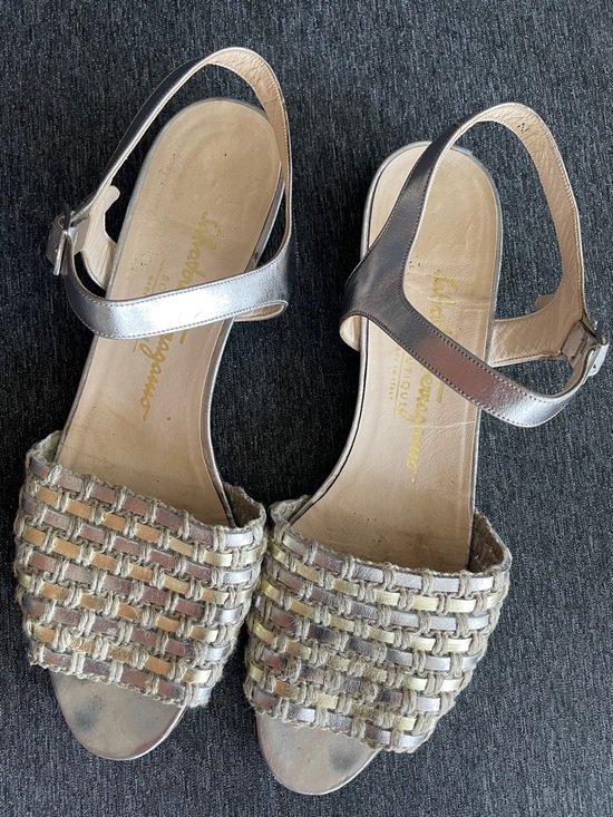 Salvatore Ferragamo Shoes - Salvatore Ferragamo sandals 8,5 narrow silver all leather with linen rope wave
